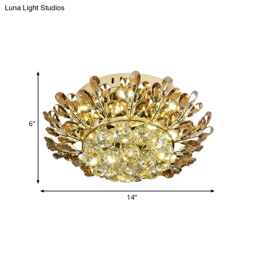 Contemporary Gold Ceiling Lamp with LED Branch Design - Cognac and Clear Crystal Flush Mount for Living Room