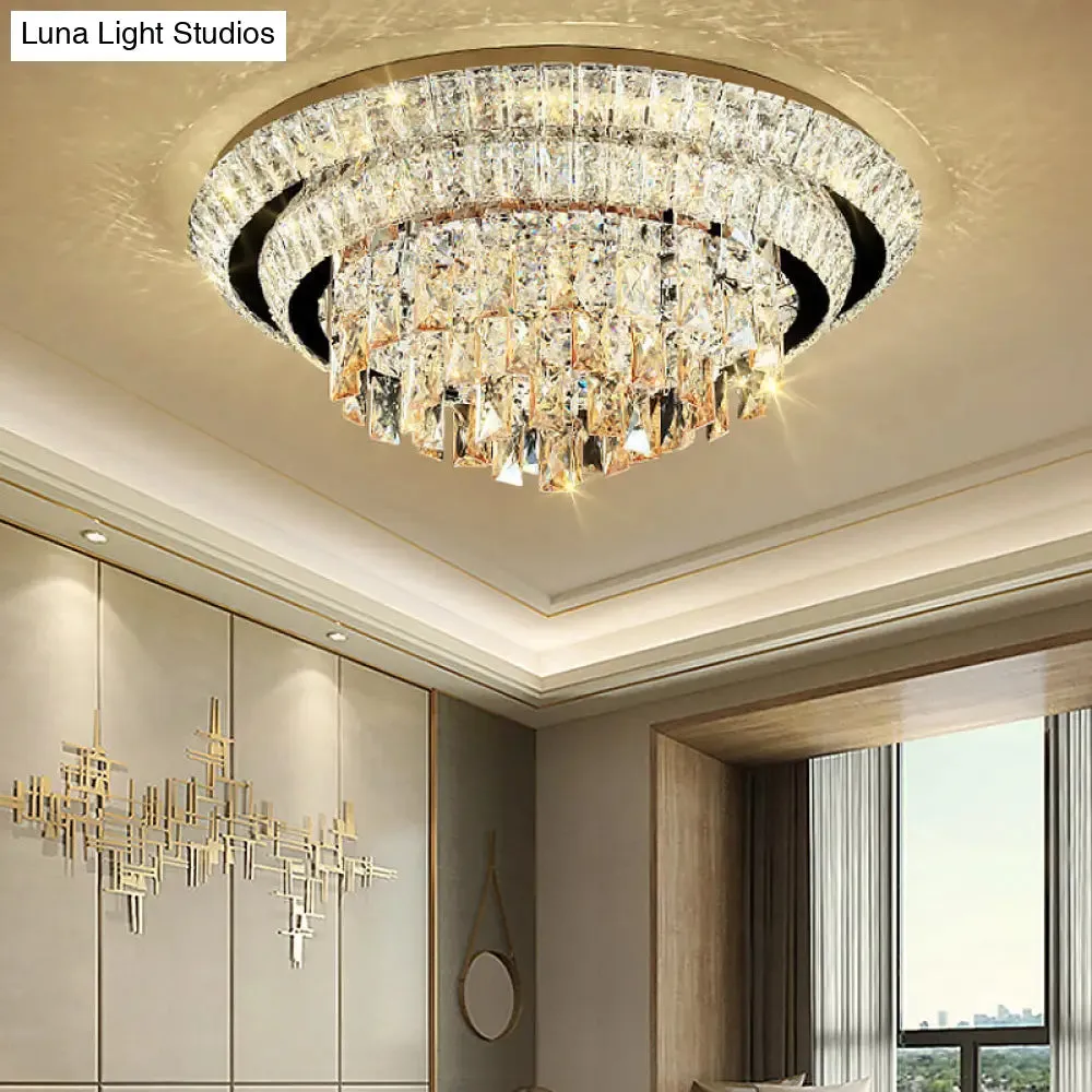 Contemporary LED Crystal Flush Mount Ceiling Light with Tiered Round Design & Chrome Finish