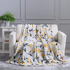 DaDa Bedding Soft Lightweight Fleece Throw Blanket, Yellow Fleur Floral Golden Orange Silver/Grey Background (XY1011)