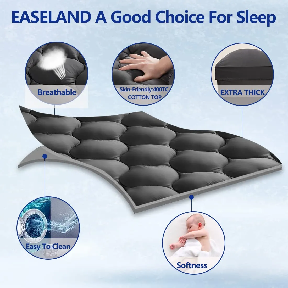 EASELAND Queen Size Mattress Topper Pillow Top Mattress Cover Quilted Fitted Mattress Protector Cotton Top 8-21" Deep Pocket Extra Thick Mattress Pad (60x80 Inches, Dark Grey)