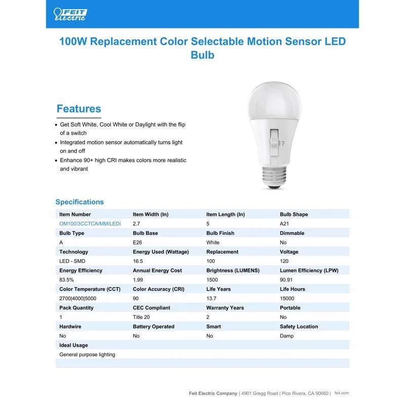 Feit A19 E26 (Medium) LED Motion Activated Bulb Tunable White/Color Changing 100 Watt Equivalence 1