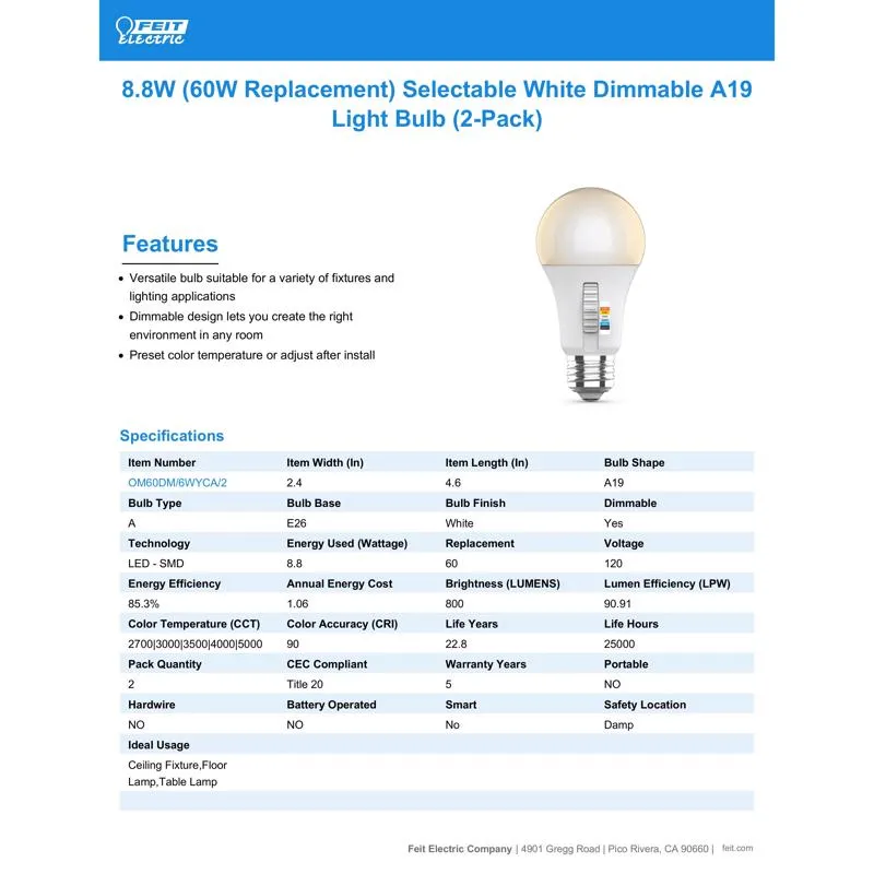 Feit LED A19 E26 (Medium) LED Bulb Color Changing 60 Watt Equivalence 2 pk