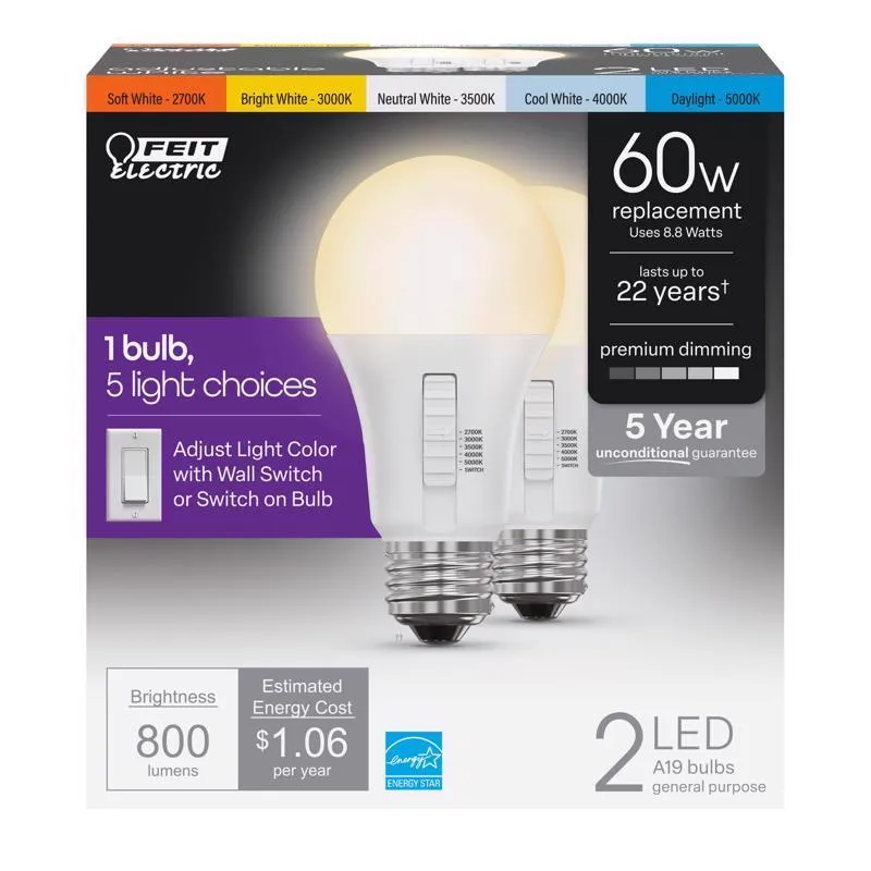 Feit LED A19 E26 (Medium) LED Bulb Color Changing 60 Watt Equivalence 2 pk