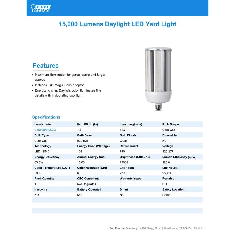 Feit LED Cylinder E26 (Medium) LED Bulb Natural Light 750 Watt Equivalence 1 pk