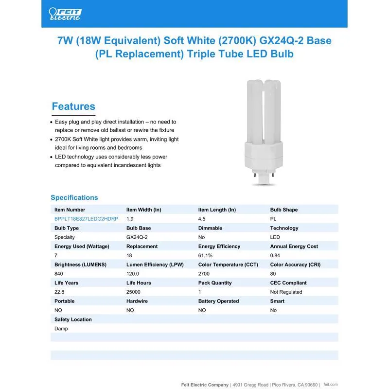 Feit LED Linear PL GX24Q-2 LED Bulb Soft White 18 Watt Equivalence 1 pk