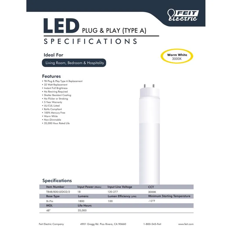 Feit Plug & Play T8 Warm White 47.8 in. G13 Linear LED Bulb 32 Watt Equivalence 2 pk