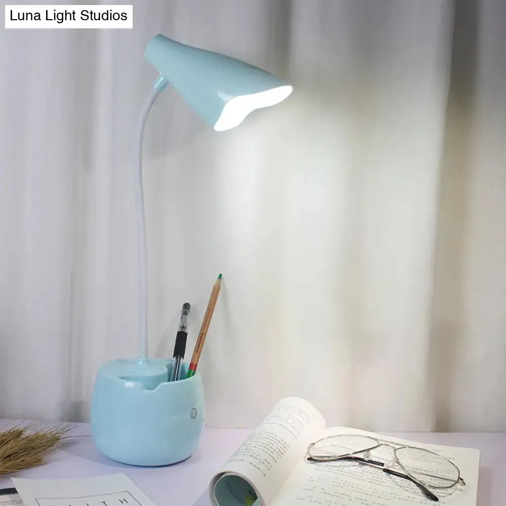 Flexible Gooseneck LED Desk Light with Pen Holder in Blue/Pink/White/Yellow, USB Charging, Eye-Caring for Reading