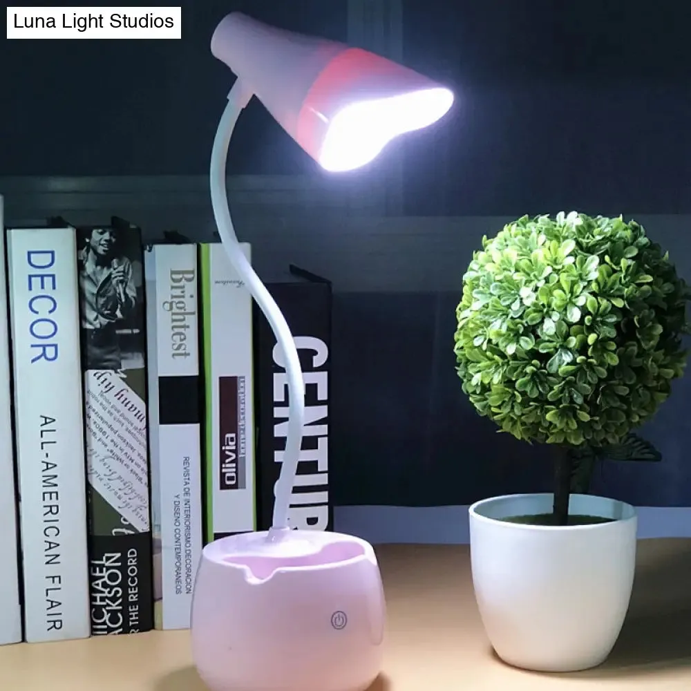 Flexible Gooseneck LED Desk Light with Pen Holder in Blue/Pink/White/Yellow, USB Charging, Eye-Caring for Reading