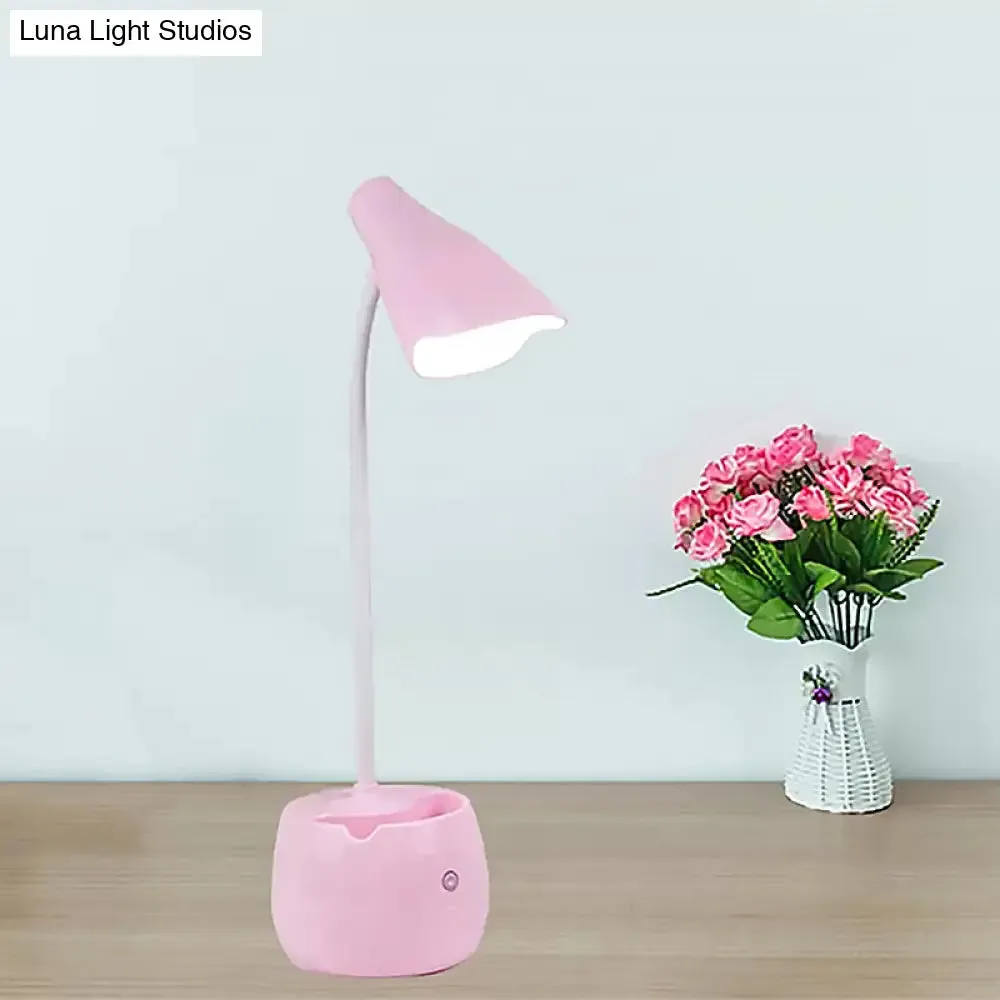 Flexible Gooseneck LED Desk Light with Pen Holder in Blue/Pink/White/Yellow, USB Charging, Eye-Caring for Reading