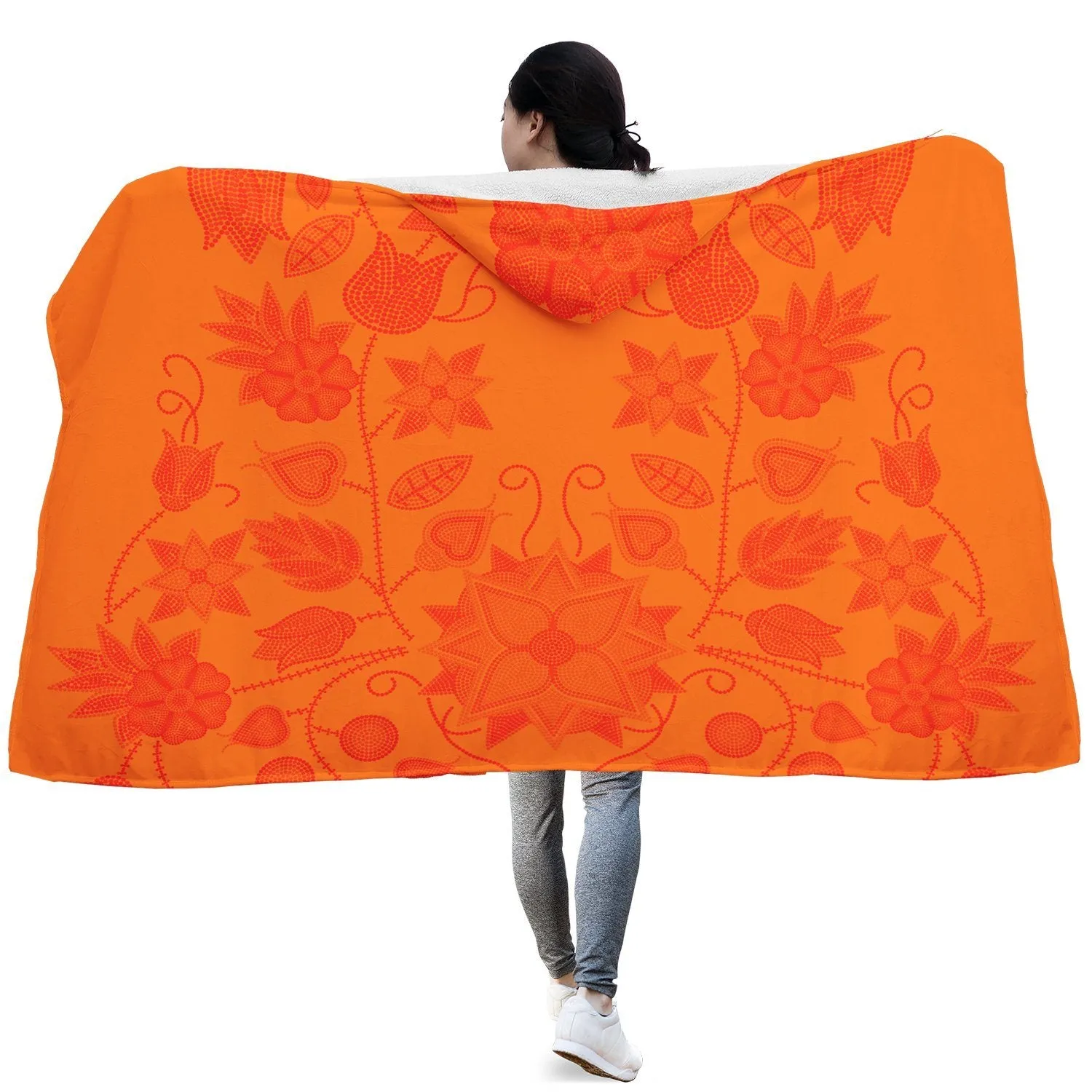 Floral Beadwork Real Orange Hooded Blanket