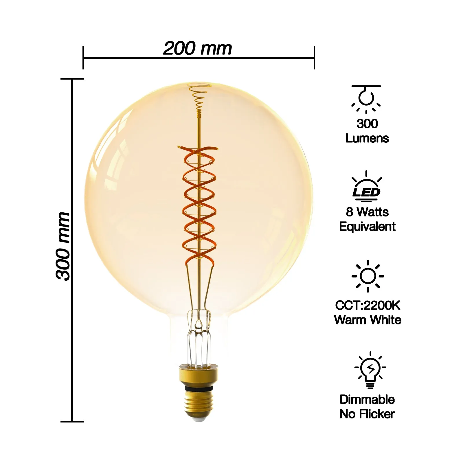 G200 Dimmable LED Decorative Oversized Edison Bulbs 8W 300LM 2200K Warm White (40W Equivalent) Amber Glass CRI90