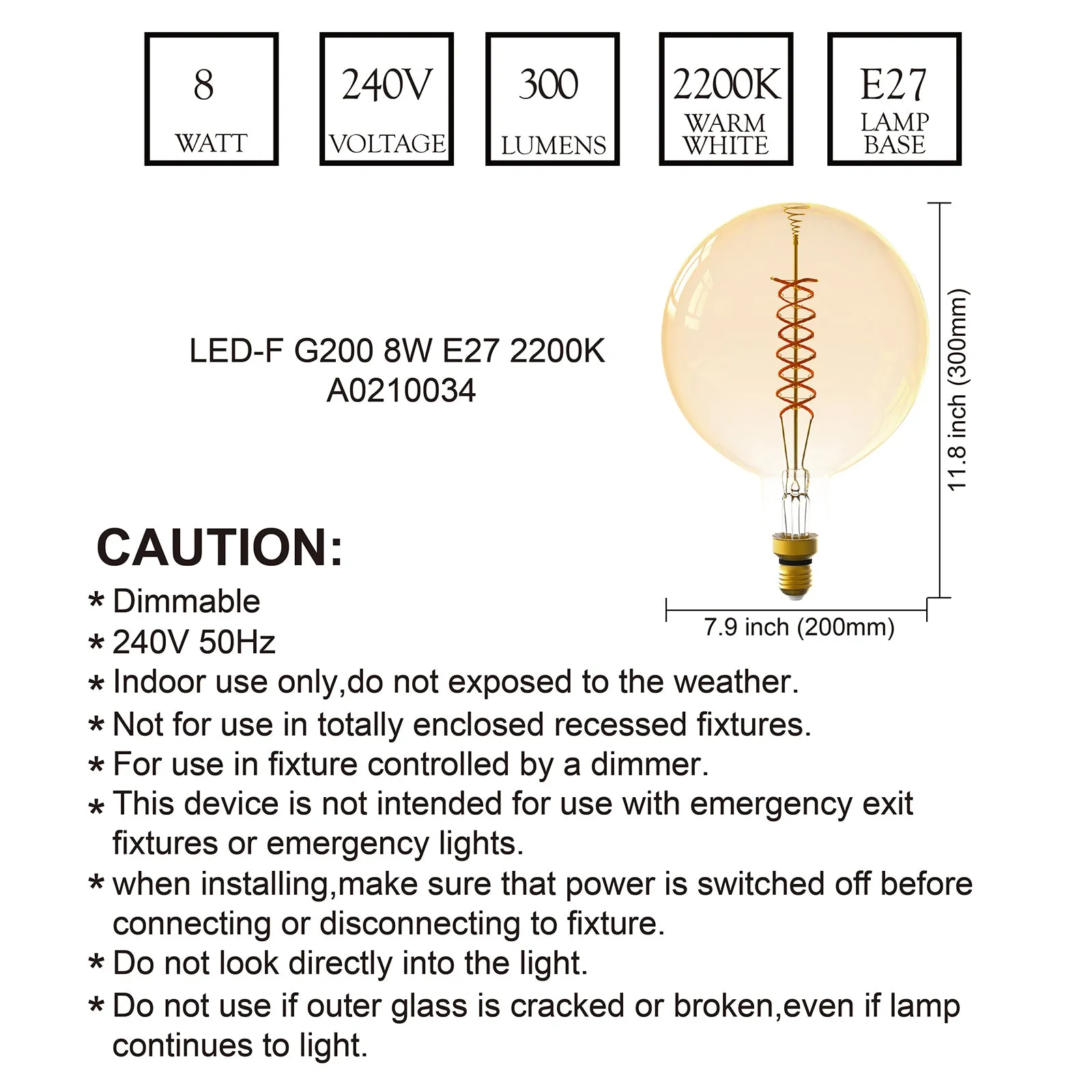 G200 Dimmable LED Decorative Oversized Edison Bulbs 8W 300LM 2200K Warm White (40W Equivalent) Amber Glass CRI90