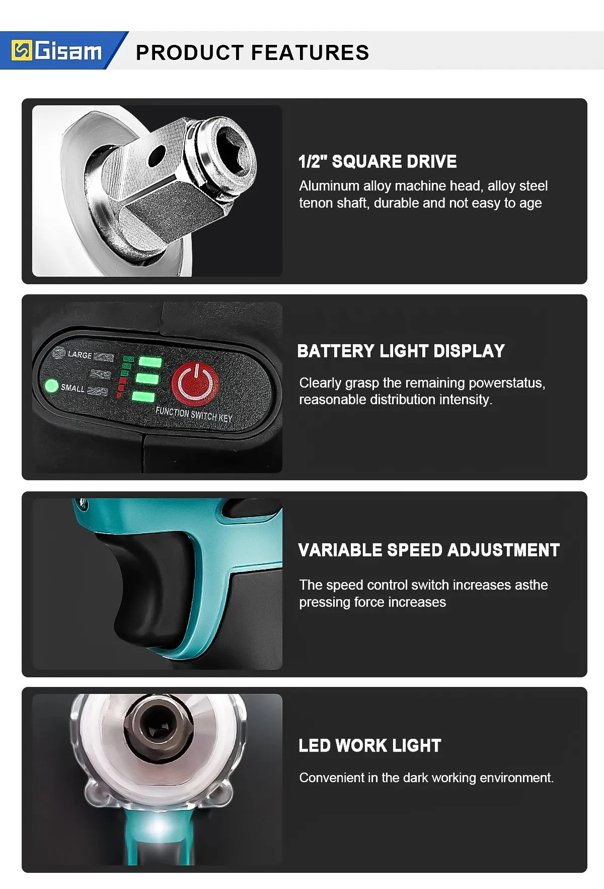 Gisam 520N.M Brushless Electric Impact Wrench Cordless Electric Wrench 1/2 inch for Makita 18V Battery Screwdriver Power Tools