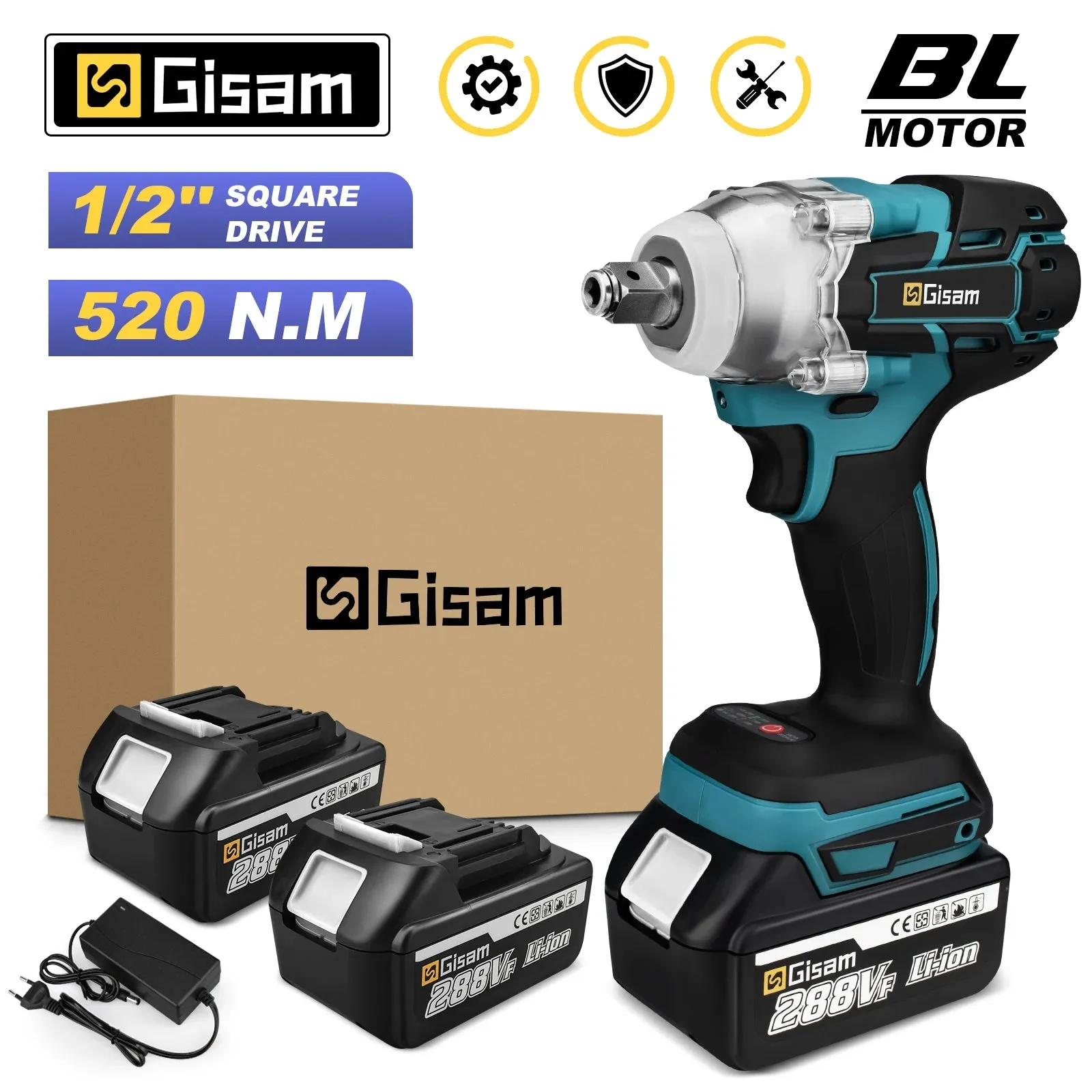 Gisam 520N.M Brushless Electric Impact Wrench Cordless Electric Wrench 1/2 inch for Makita 18V Battery Screwdriver Power Tools