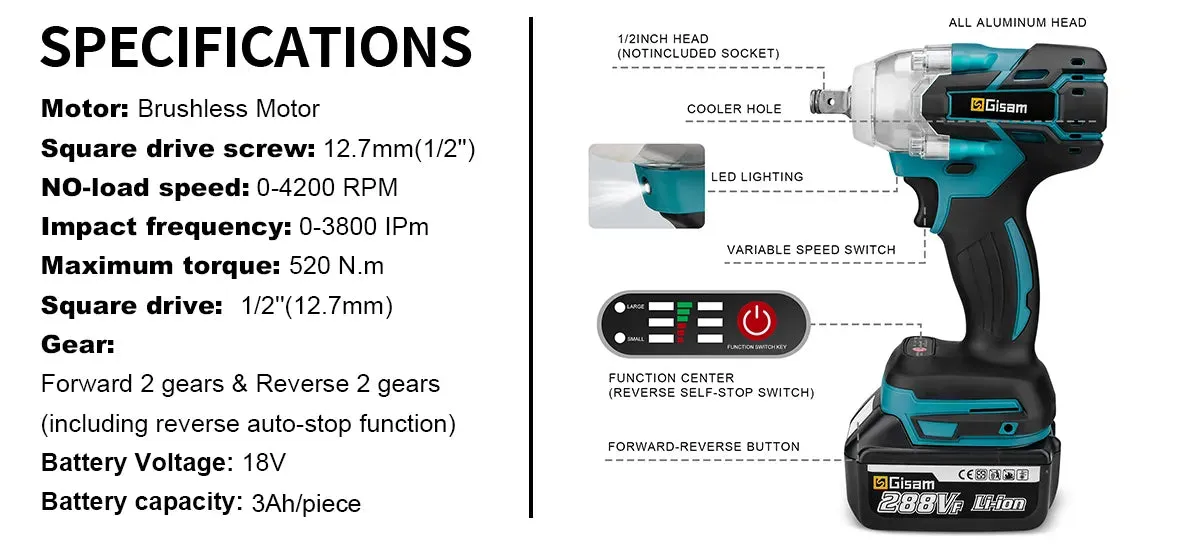 Gisam 520N.M Brushless Electric Impact Wrench Cordless Electric Wrench 1/2 inch for Makita 18V Battery Screwdriver Power Tools