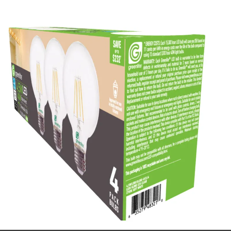 Greenlite G25 E26 (Medium) Filament LED Bulb Soft White 40 Watt Equivalence 4 pk