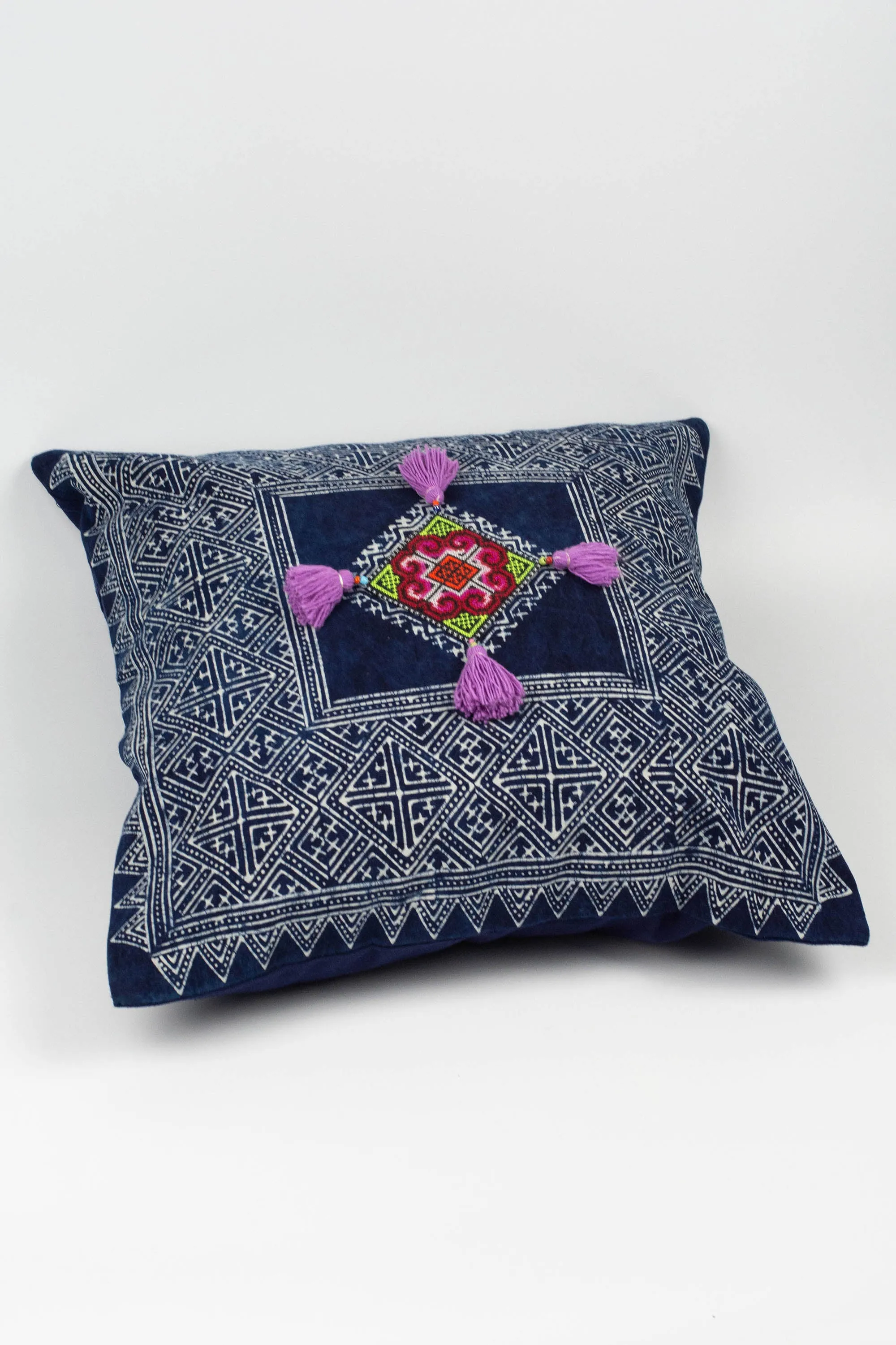 Hmong Indigo Batik Cotton Pillowcase with Purple Tassels