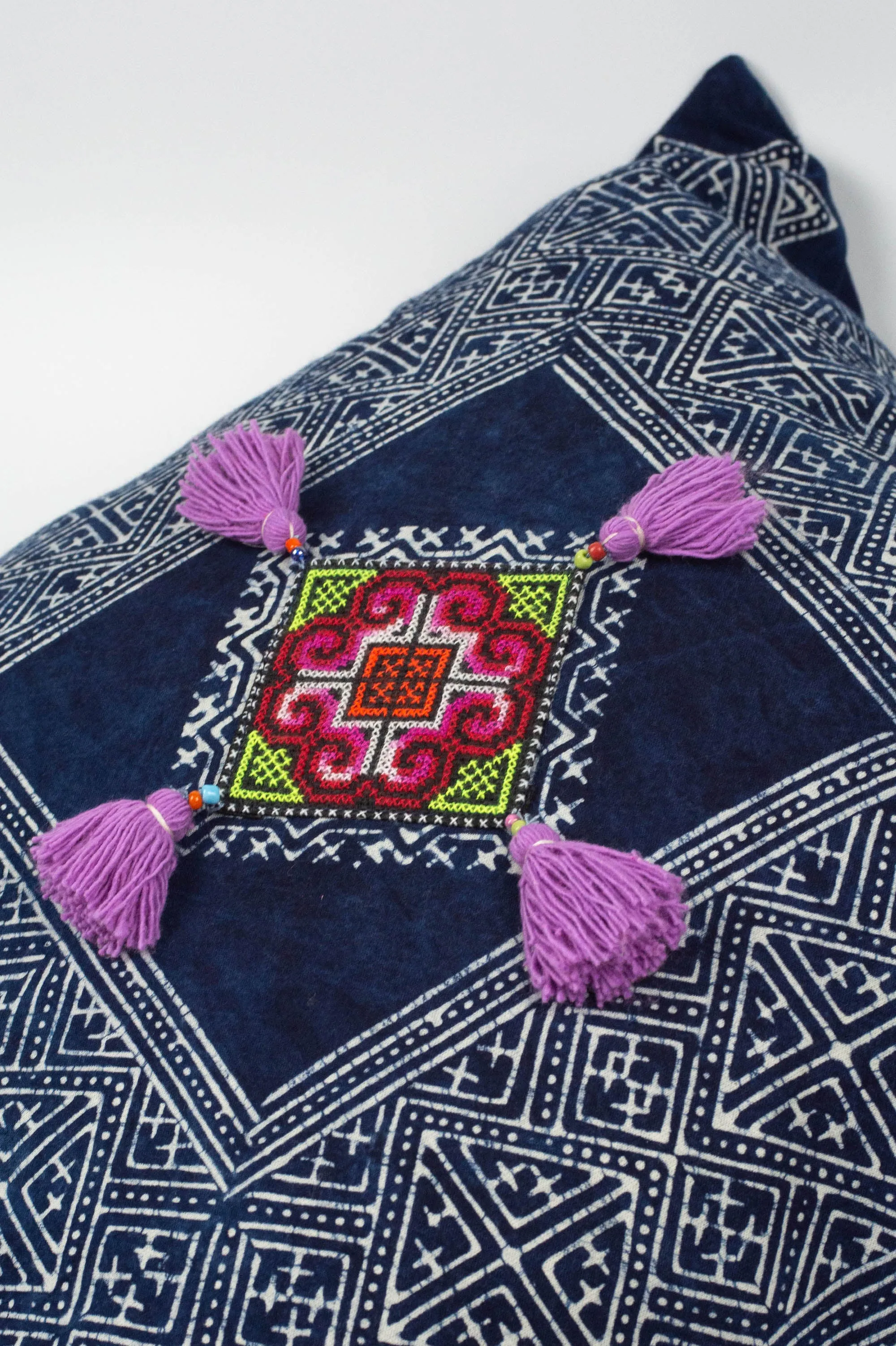 Hmong Indigo Batik Cotton Pillowcase with Purple Tassels