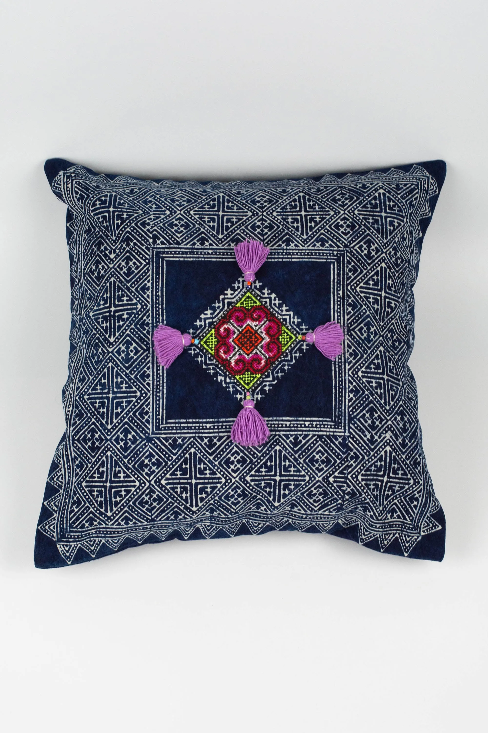 Hmong Indigo Batik Cotton Pillowcase with Purple Tassels