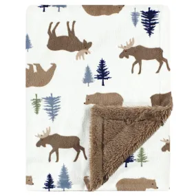 Hudson Baby Plush Blanket with Furry Binding and Back, Moose Bear