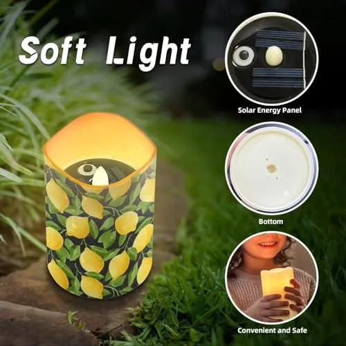 HUISEFOR Lemon Print Solar Candles Outdoor Water-proof LED Pillar Candles with Dusk to Dawn Sensor Luminara Flameless Candles Flickering, Set of 6 Pack