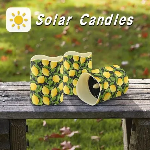 HUISEFOR Lemon Print Solar Candles Outdoor Water-proof LED Pillar Candles with Dusk to Dawn Sensor Luminara Flameless Candles Flickering, Set of 6 Pack