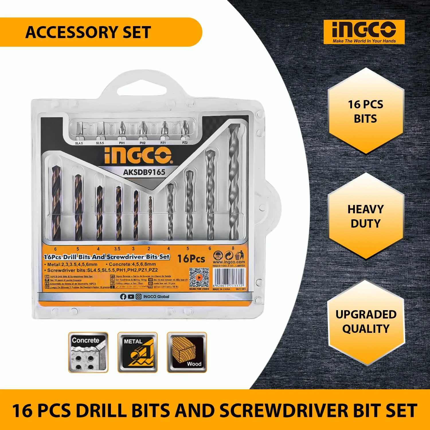 Ingco 16PCS Drill Bits Set & Screwdriver Bits Set (AKSDB9165)