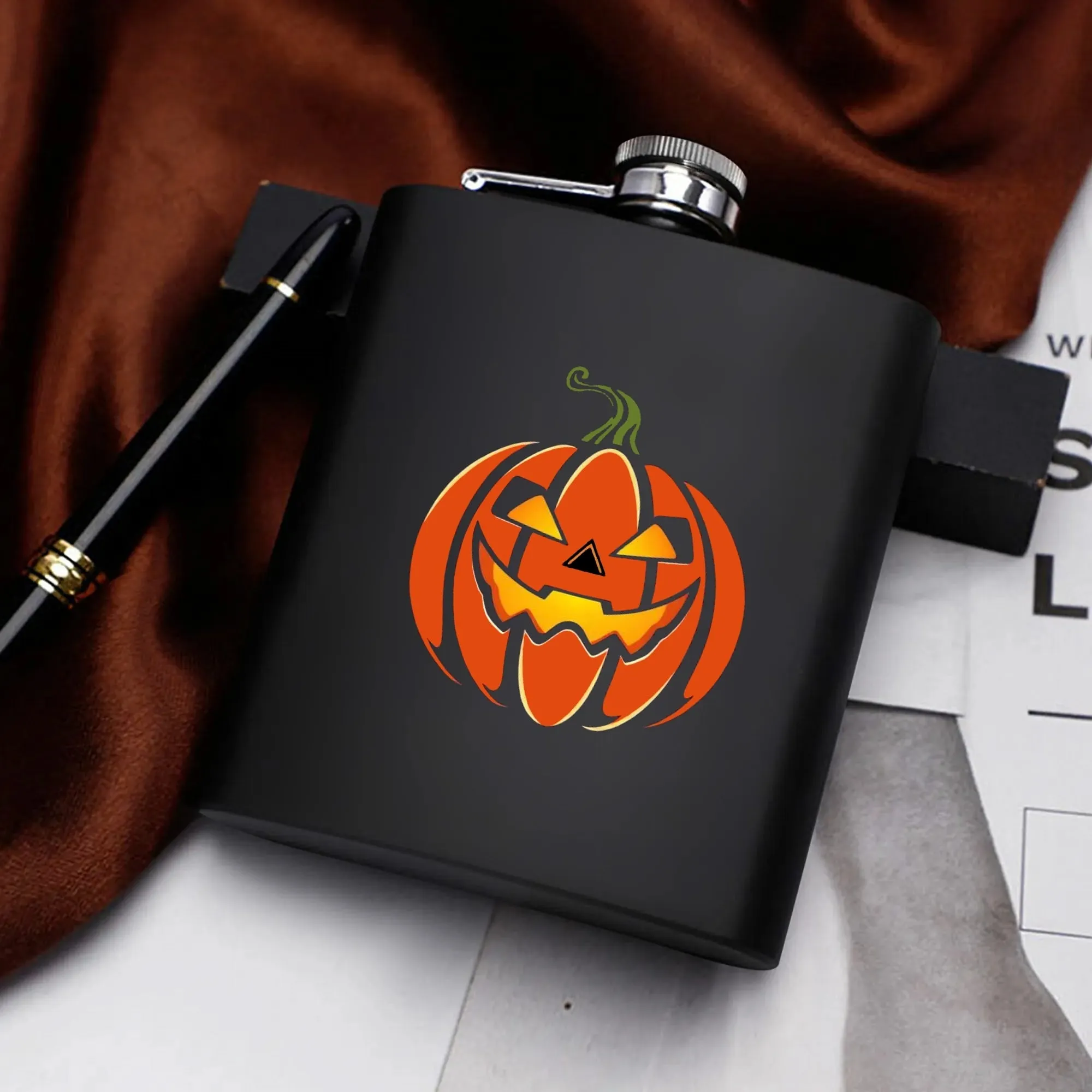 Jack-O-Lantern Flask Set 7oz Black Stainless Steel with A Gift Box