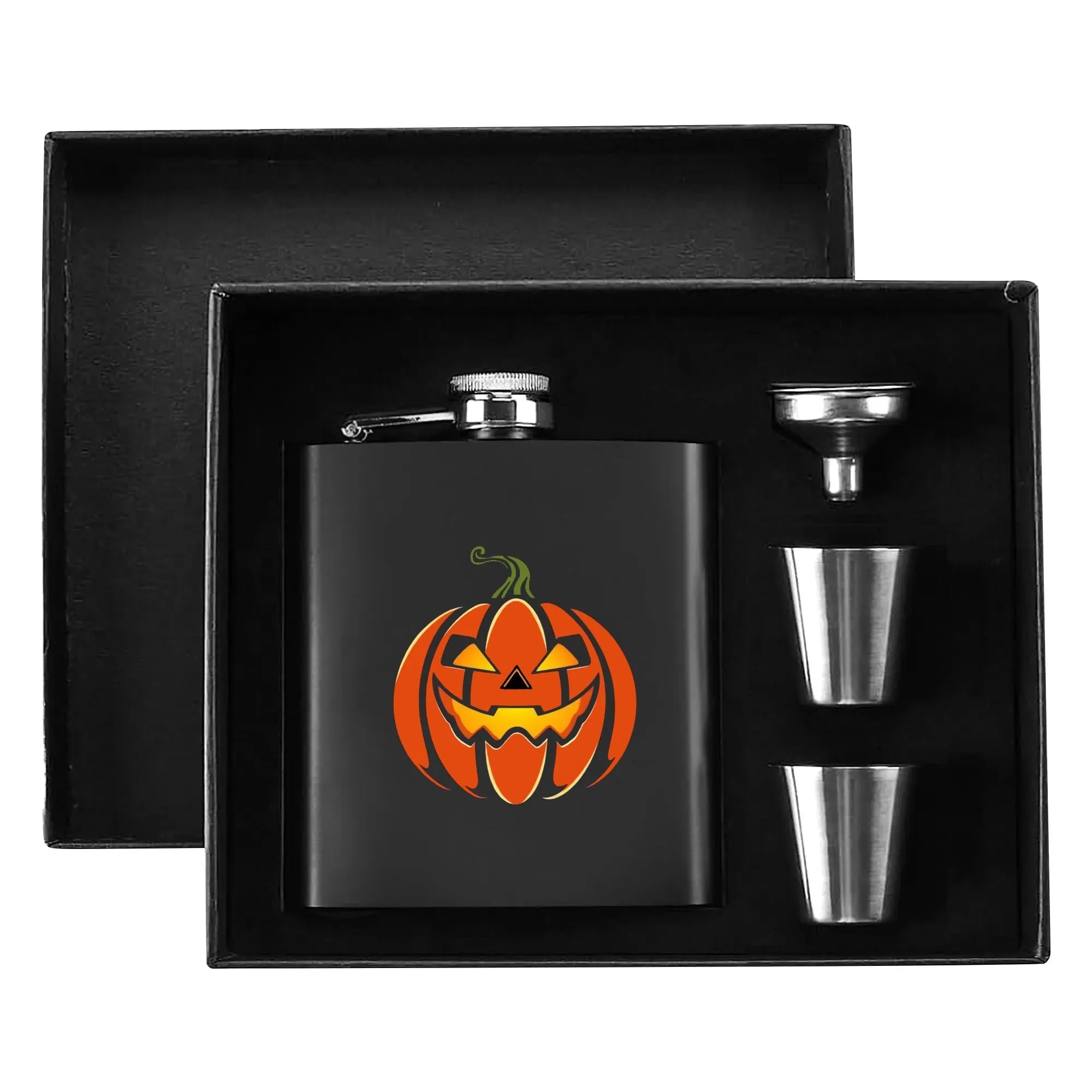 Jack-O-Lantern Flask Set 7oz Black Stainless Steel with A Gift Box