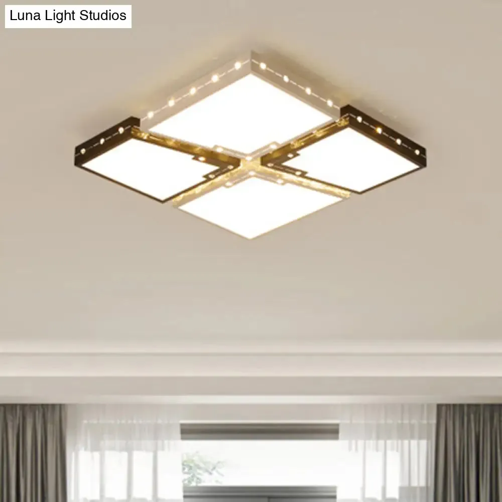 LED Bedroom Ceiling Light: Square Black Acrylic Shade, Flush Mount, Warm/White Light, 19.5"/23.5" Width