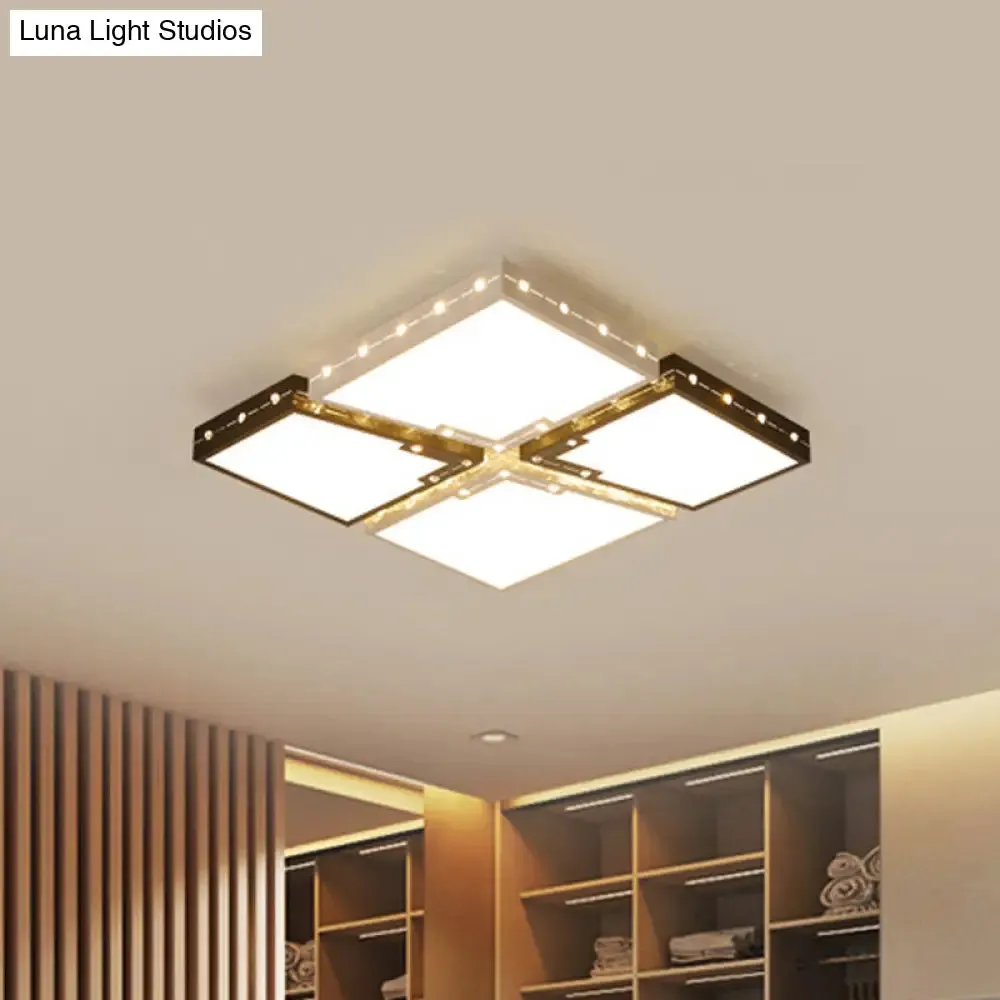 LED Bedroom Ceiling Light: Square Black Acrylic Shade, Flush Mount, Warm/White Light, 19.5"/23.5" Width