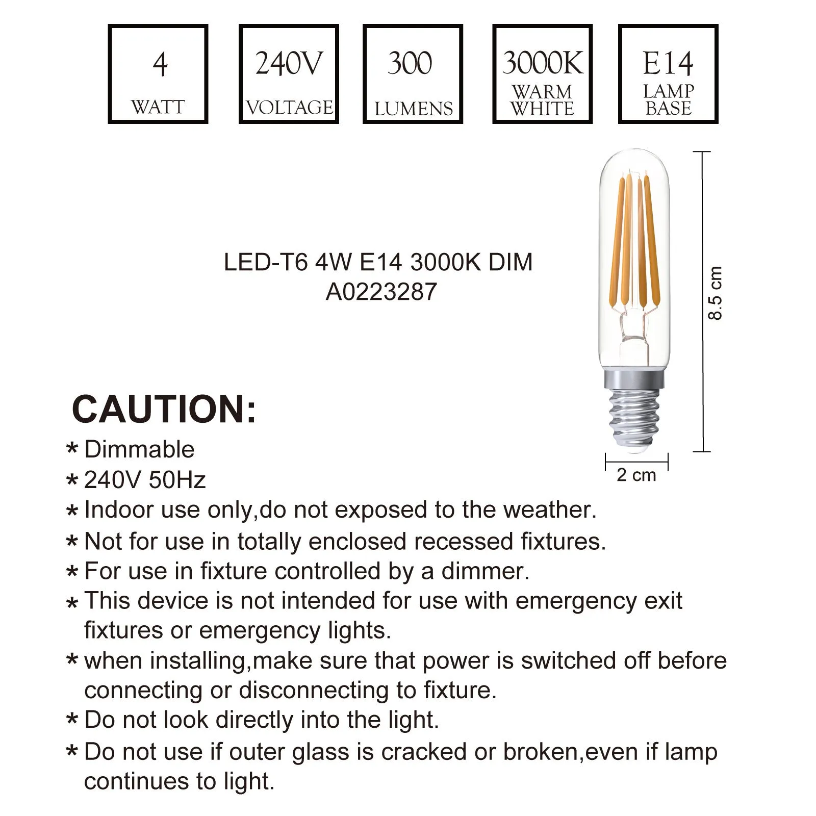 LED T6 Tube Shape 4W 3000K E14 Dimmable 6PACK