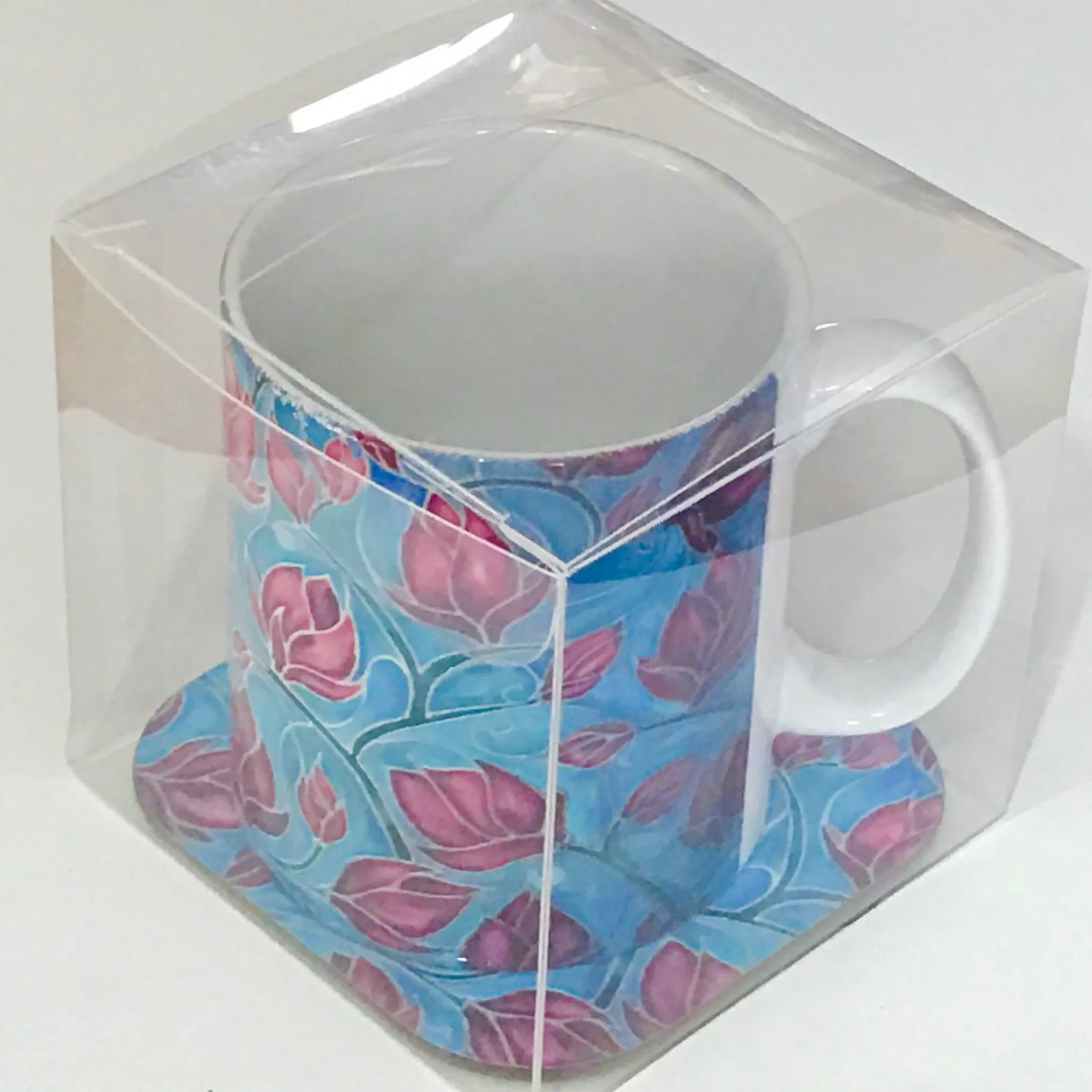 Magnolias mug and coaster box set or mug only In Sky Blue and Pink colours