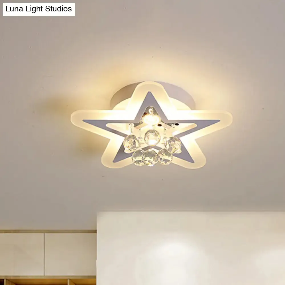 Minimalist LED Star Ceiling Light Fixture, White Acrylic Flushmount, Crystal Sphere, 16"/19.5" Wide