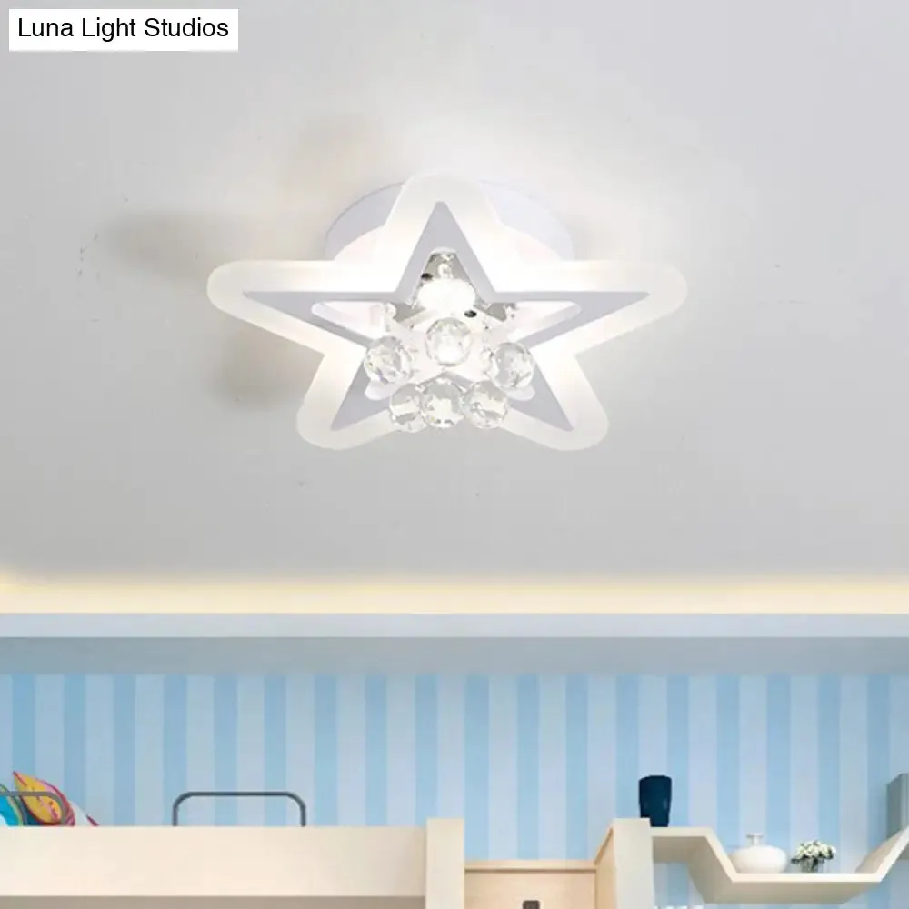 Minimalist LED Star Ceiling Light Fixture, White Acrylic Flushmount, Crystal Sphere, 16"/19.5" Wide