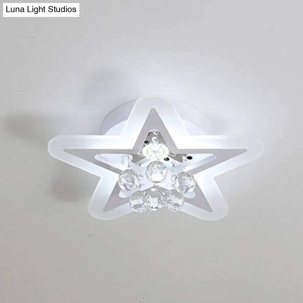 Minimalist LED Star Ceiling Light Fixture, White Acrylic Flushmount, Crystal Sphere, 16"/19.5" Wide