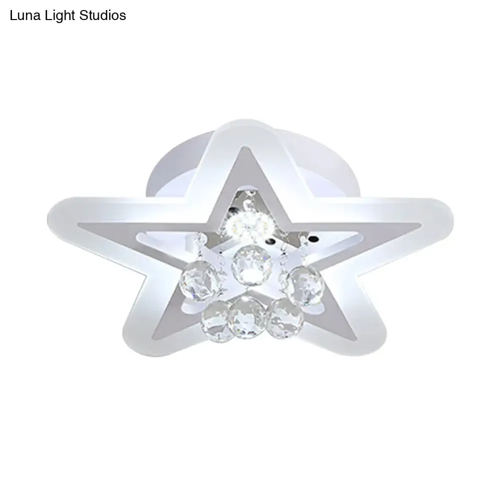 Minimalist LED Star Ceiling Light Fixture, White Acrylic Flushmount, Crystal Sphere, 16"/19.5" Wide