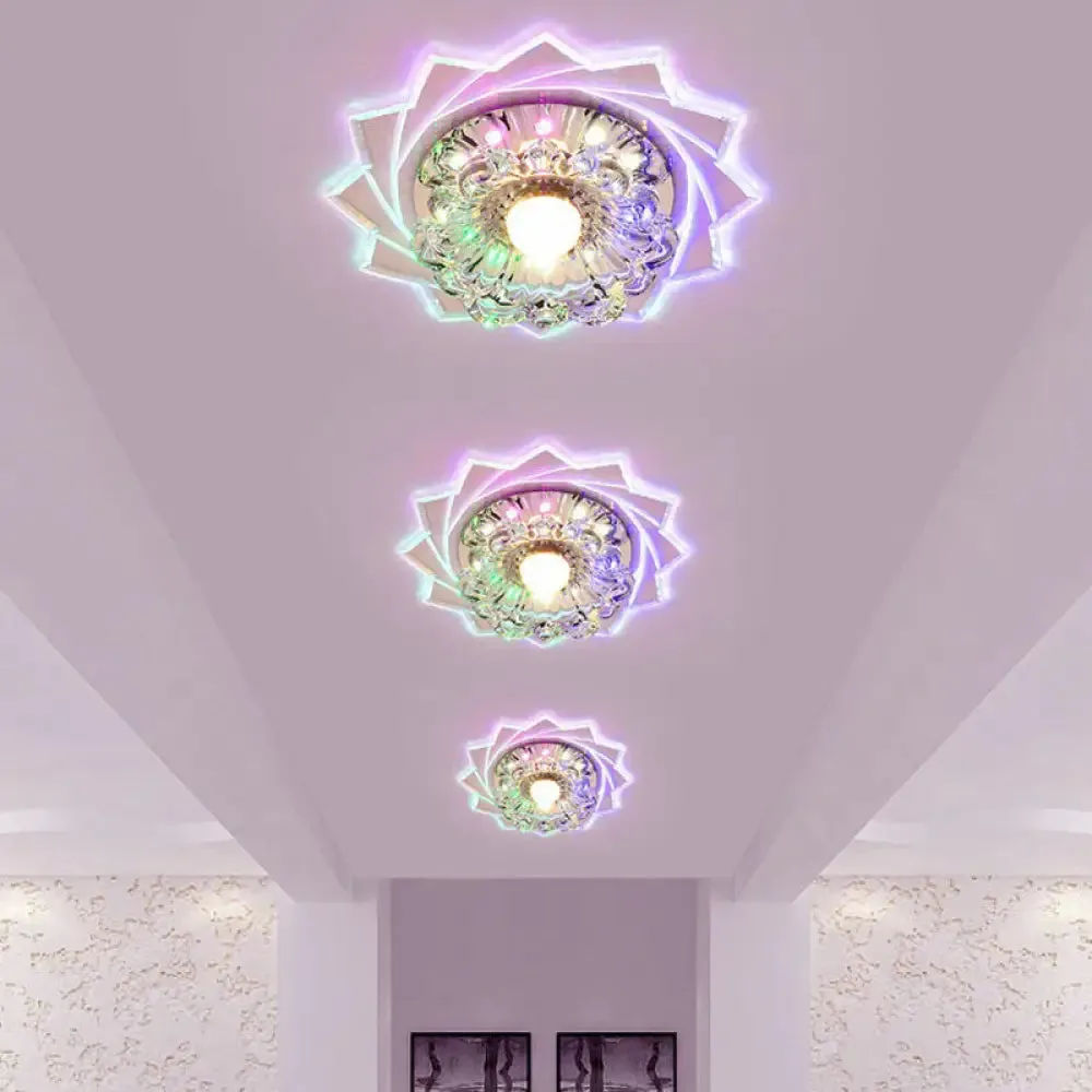 Modern Crystal Floral Flush Light: Clear LED Ceiling Fixture for Hallway