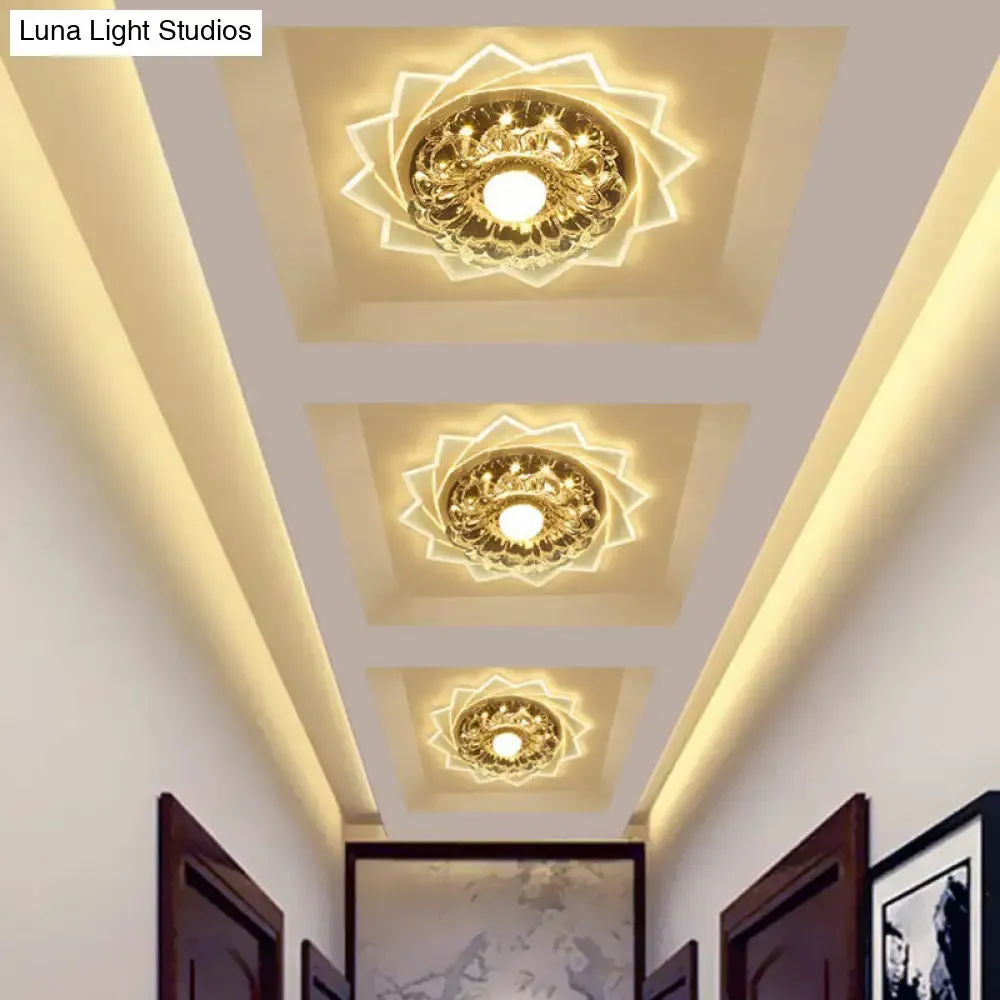 Modern Crystal Floral Flush Light: Clear LED Ceiling Fixture for Hallway