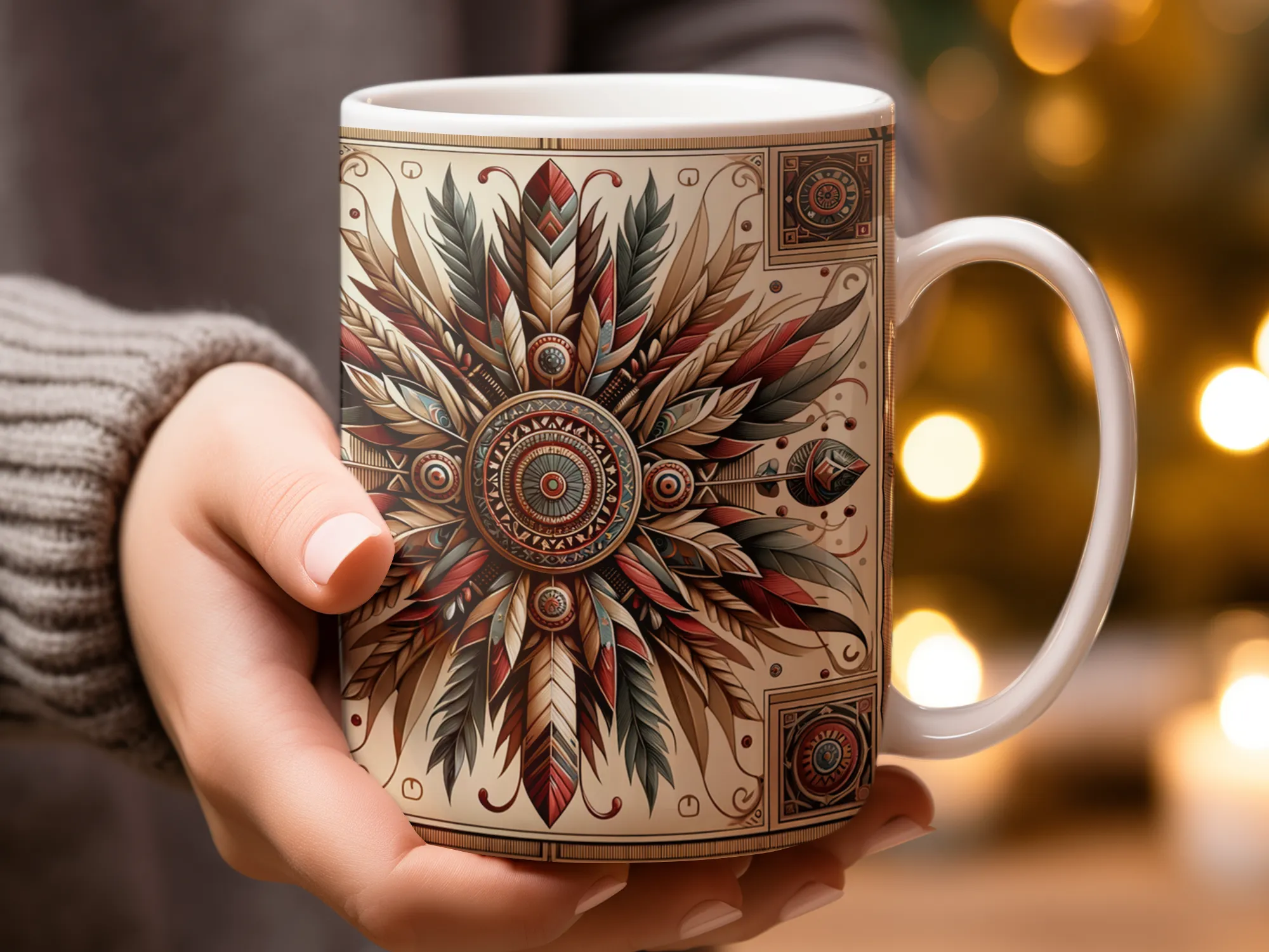 Native American Design Blue Red Coffee mug, white ceramic mug, unique funny gag gift for men or women