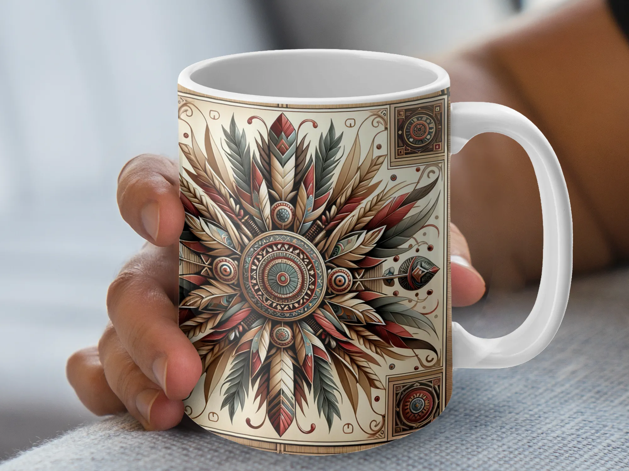 Native American Design Blue Red Coffee mug, white ceramic mug, unique funny gag gift for men or women