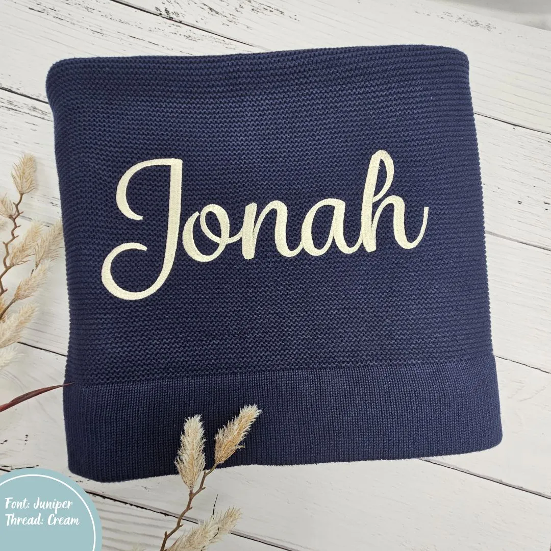 Navy Blue Personalised Cotton Knit Baby Blanket