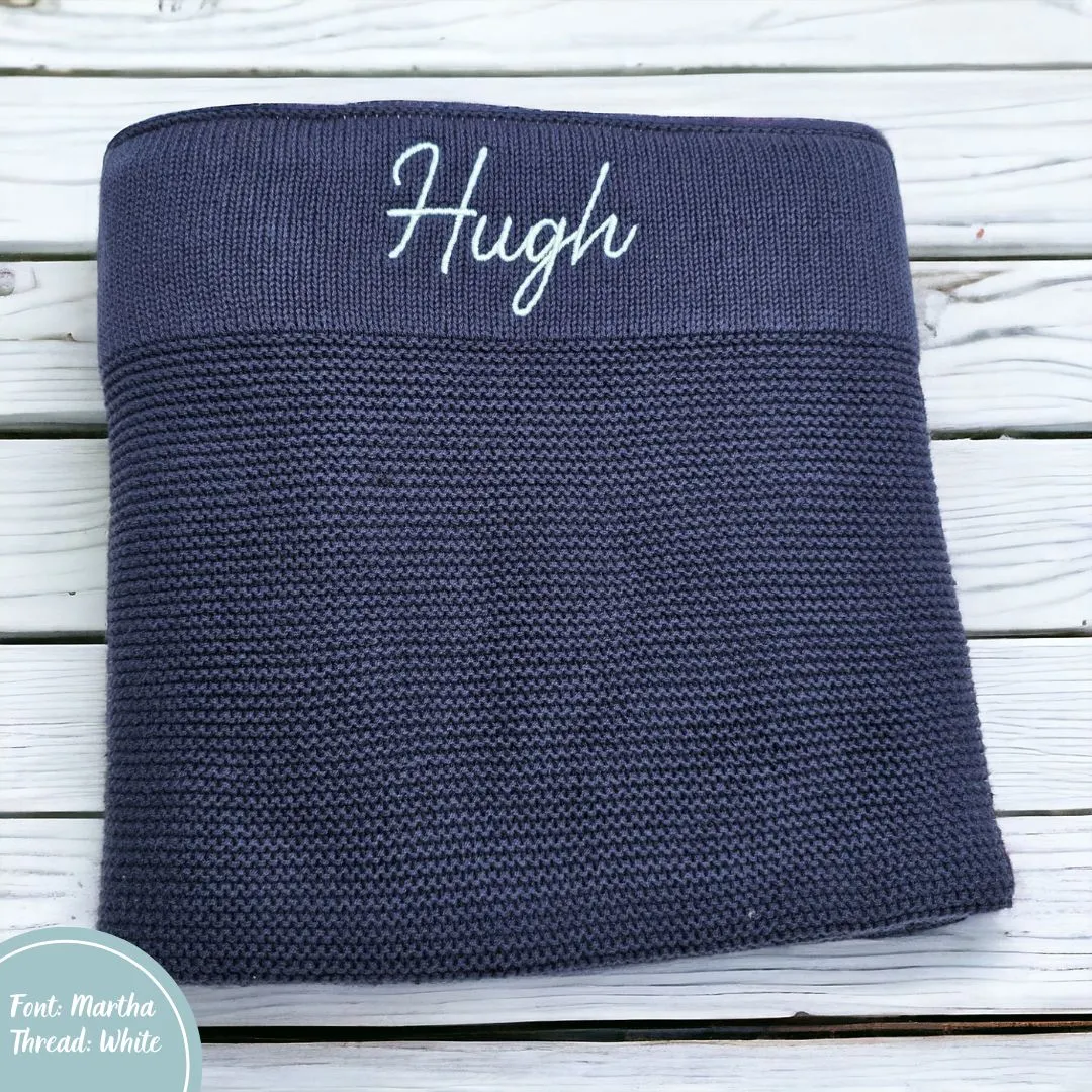 Navy Blue Personalised Cotton Knit Baby Blanket