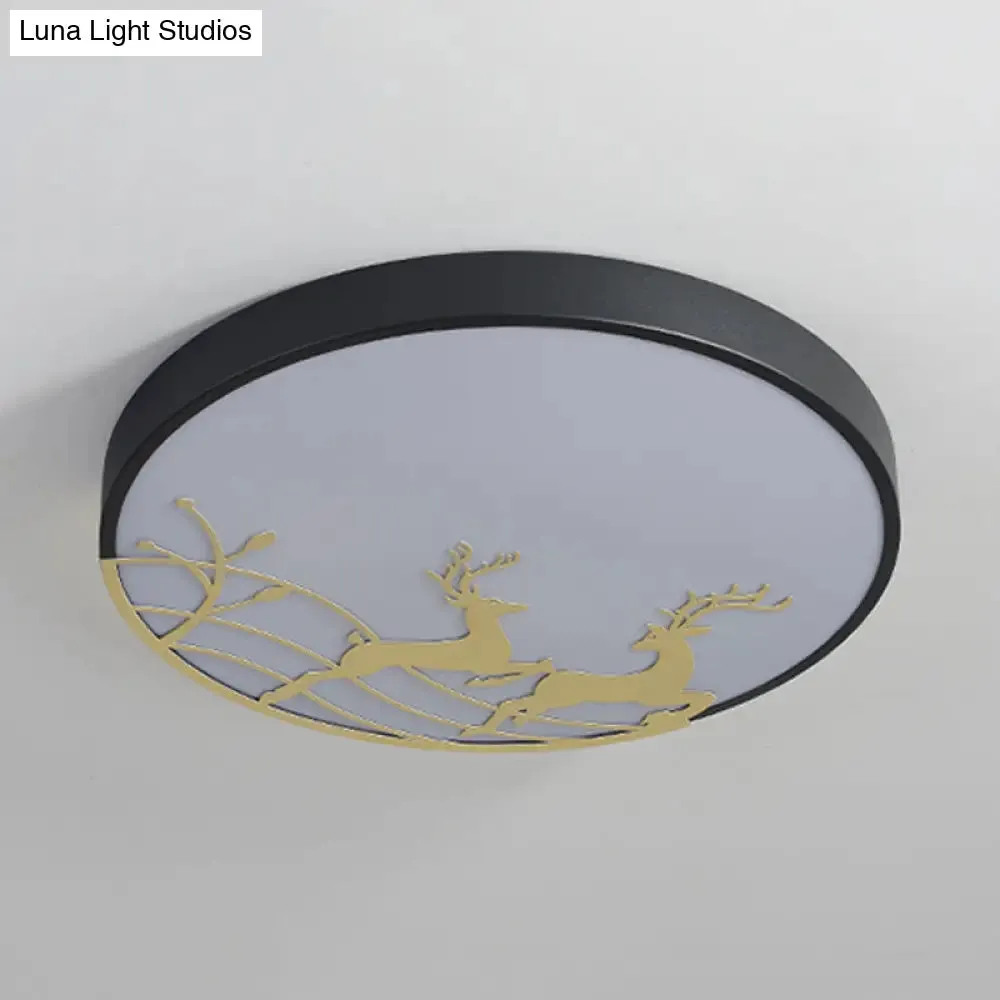 Nordic Acrylic Flush Mount LED Ceiling Lamp for Bedroom - Elk Dance Pattern, White/Black