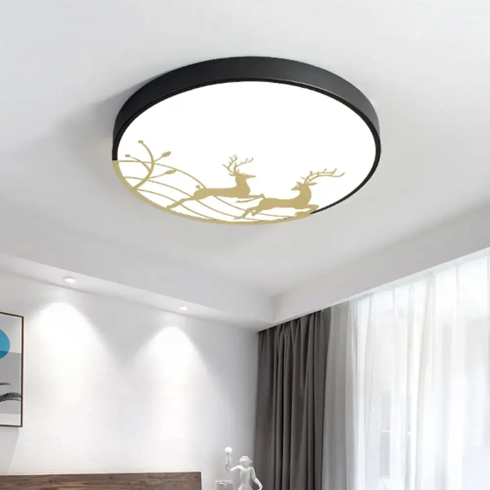 Nordic Acrylic Flush Mount LED Ceiling Lamp for Bedroom - Elk Dance Pattern, White/Black