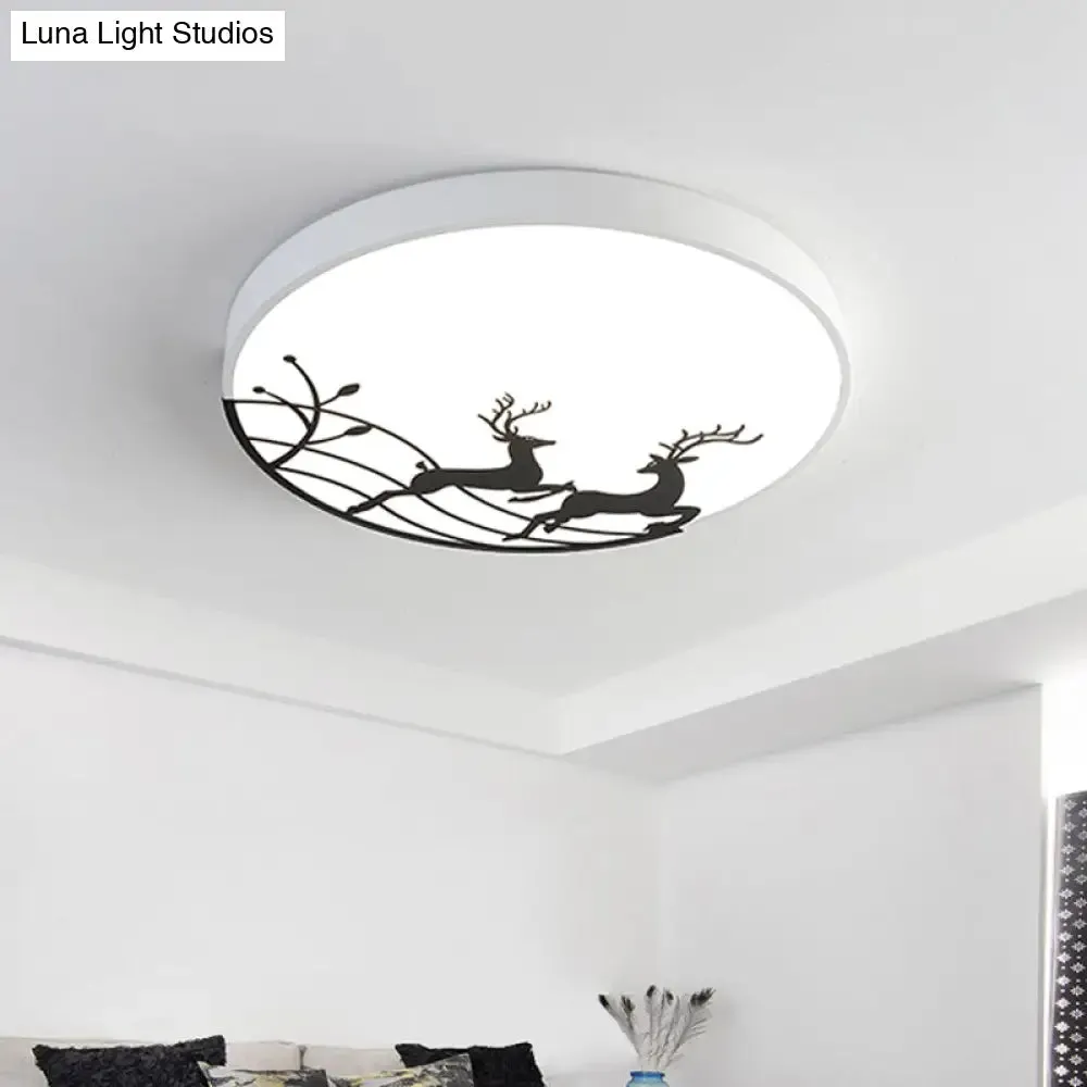 Nordic Acrylic Flush Mount LED Ceiling Lamp for Bedroom - Elk Dance Pattern, White/Black