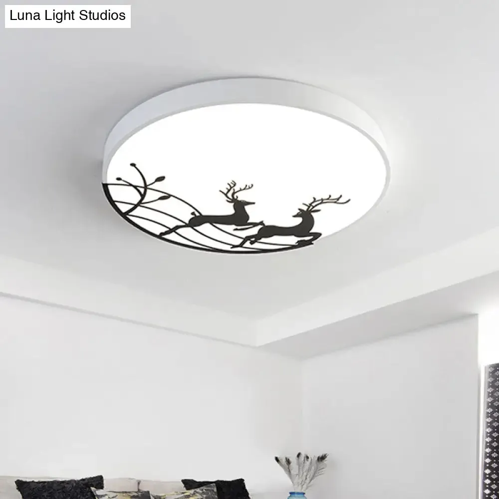 Nordic Acrylic Flush Mount LED Ceiling Lamp for Bedroom - Elk Dance Pattern, White/Black