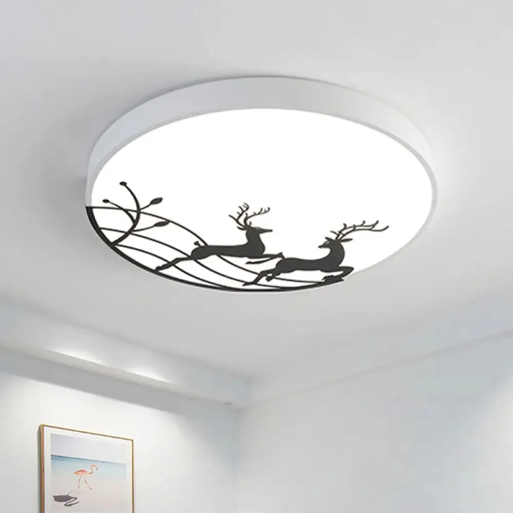 Nordic Acrylic Flush Mount LED Ceiling Lamp for Bedroom - Elk Dance Pattern, White/Black