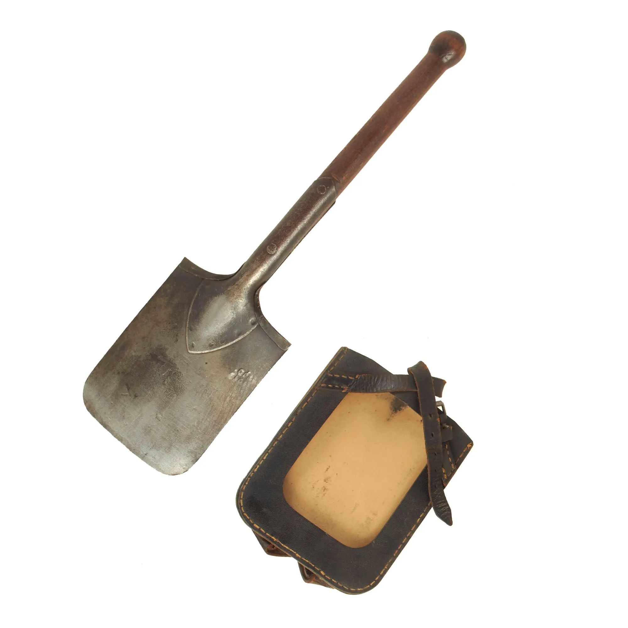 Original German WWII Square Head Entrenching Tool With Carrier by Carl Krampe dated 1943 - Schanzzeug