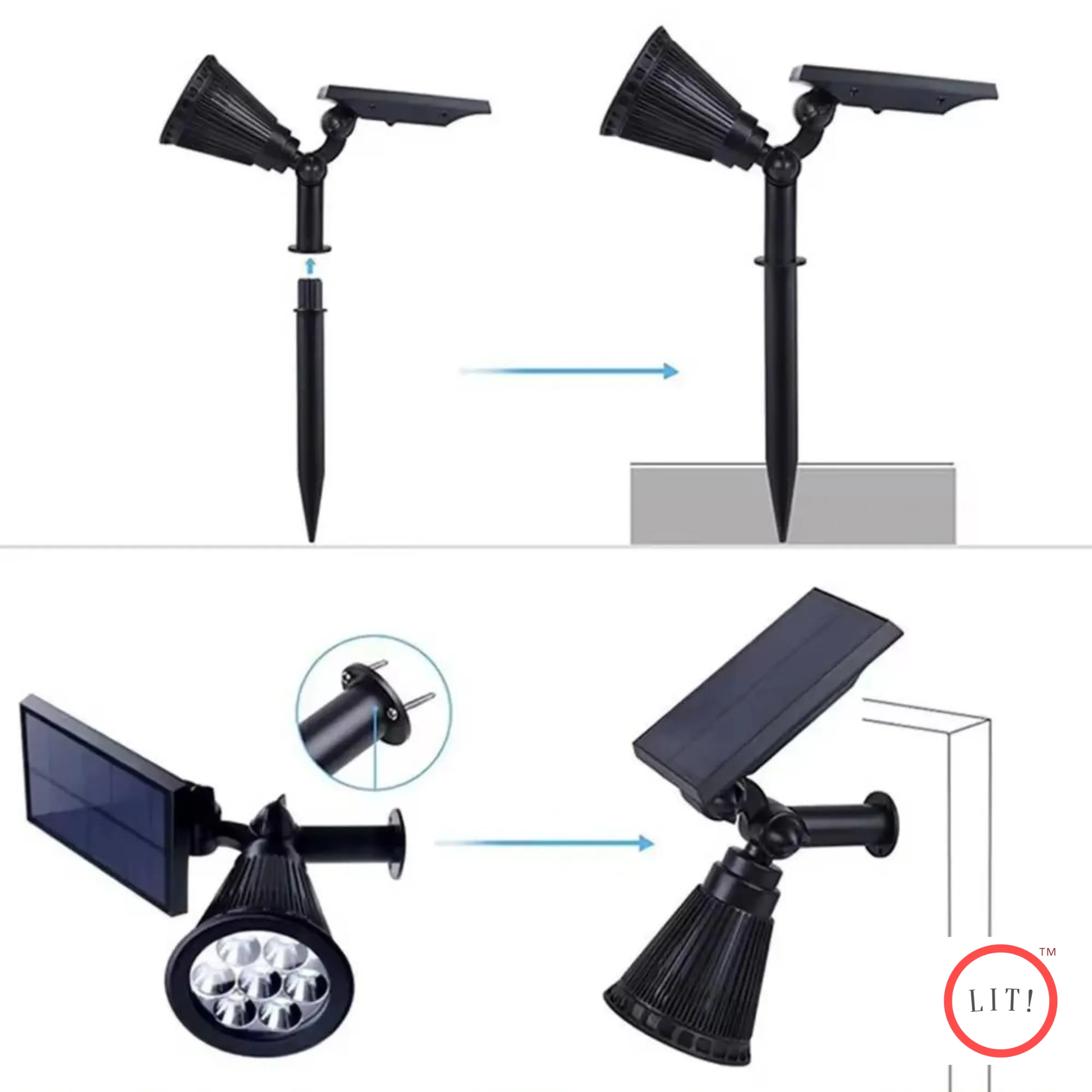 (Pack of 5) 2-in-1 Solar Powered Quad LED Adjustable Spot Light